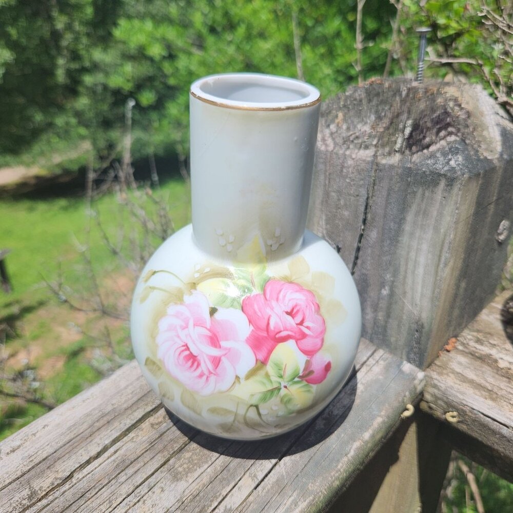 Vintage Lefton China Hand Painted Vase Pink Roses #1266 Shabby Cottage Chic Deco